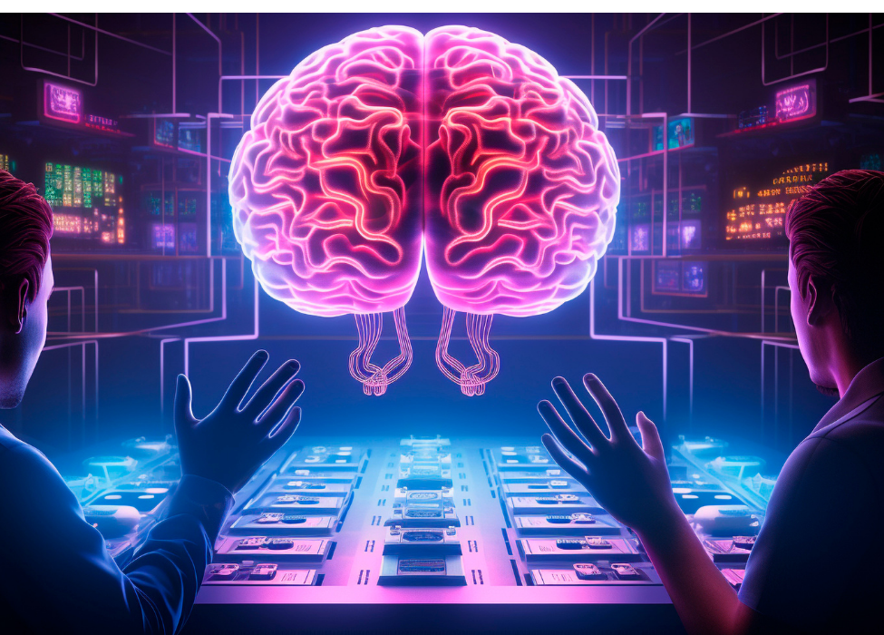 Imagem de um cérebro reluzente em uma sala de estudo de neurociencia.